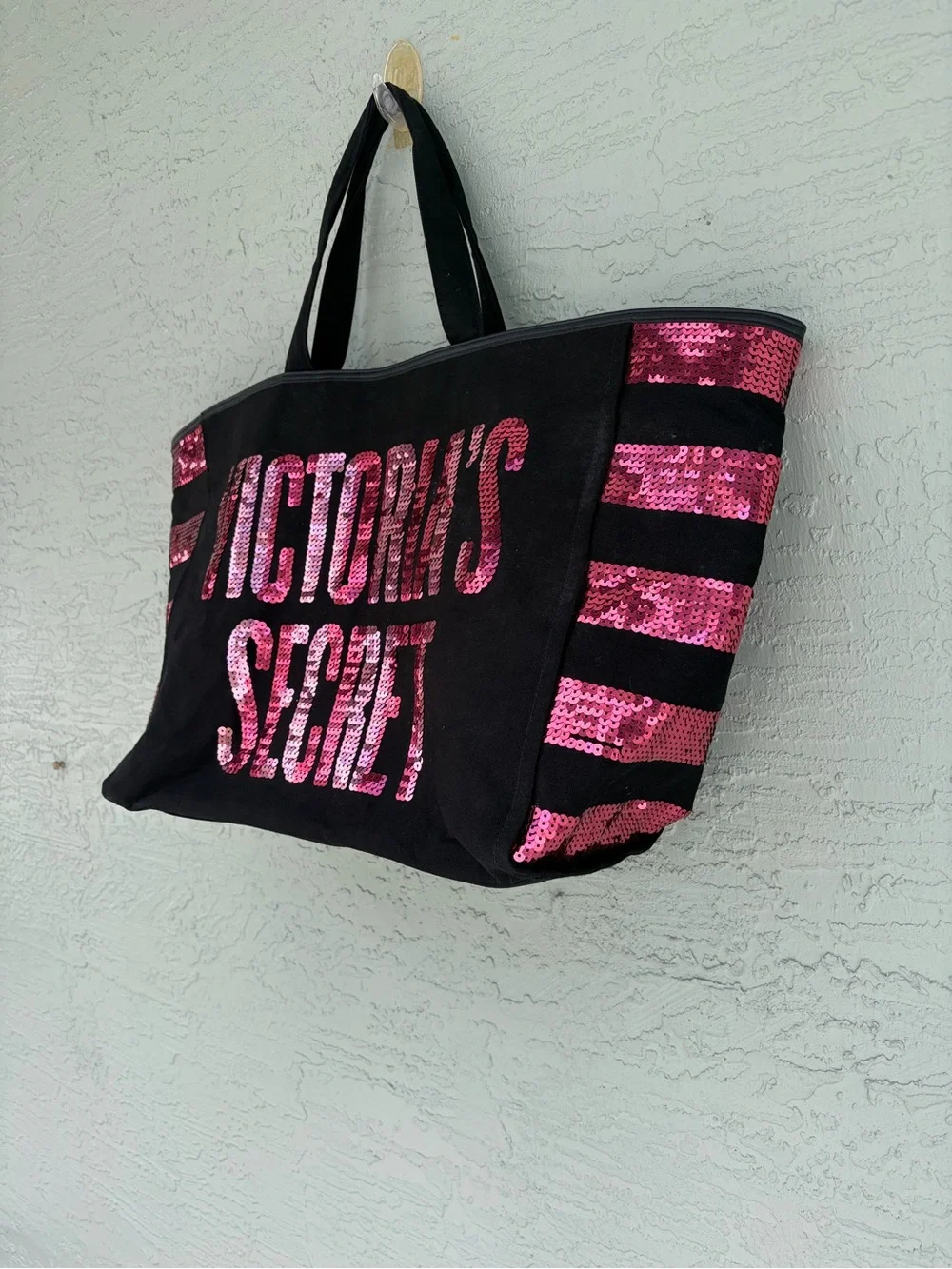 Victoria's Secret Black Tote with Pink Sequin Logo and Stripes